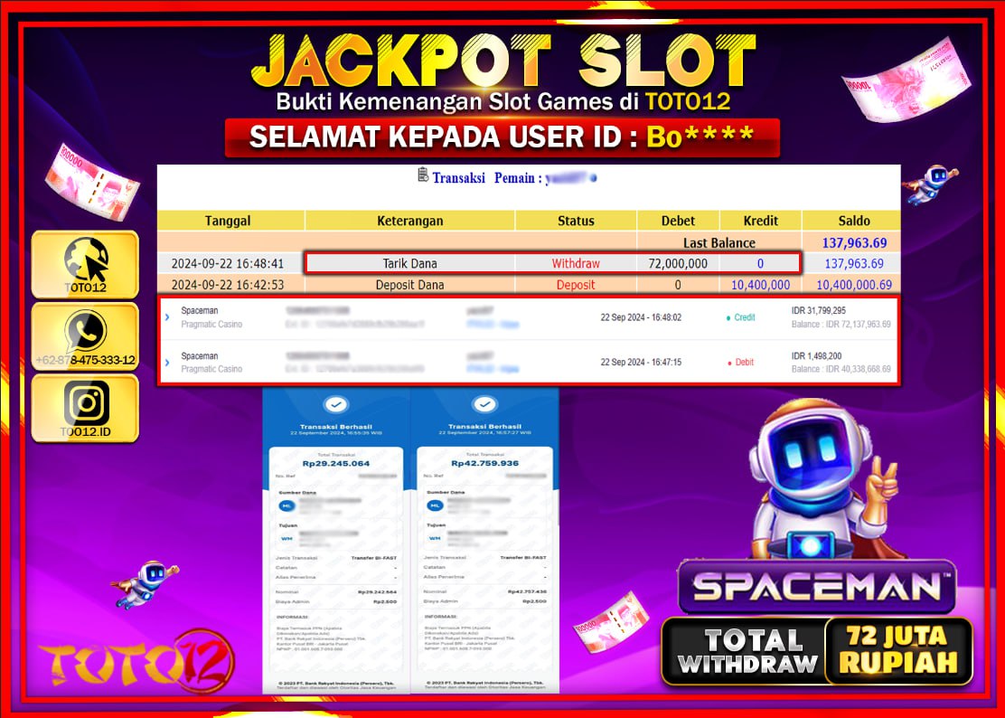 HANYA DI TOTO12 JP PASTI DI BAYAR LUNAS DAN CEPAT!!!!!! JACKPOT SLOT GAME ( SPACEMAN ) Rp.72.000.000 !!!!