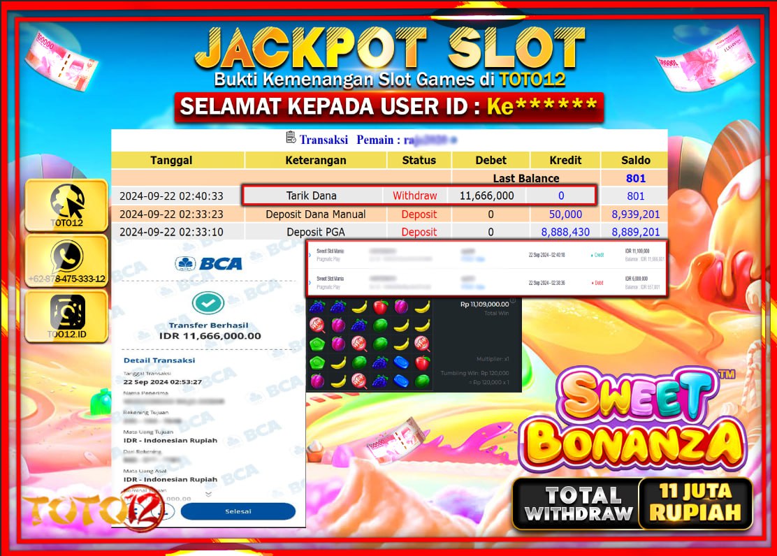 HANYA DI TOTO12 JP PASTI DI BAYAR LUNAS DAN CEPAT!!!!!! JACKPOT SLOT GAME ( SWEET BONANZA ) Rp.11.000.000 !!!!
