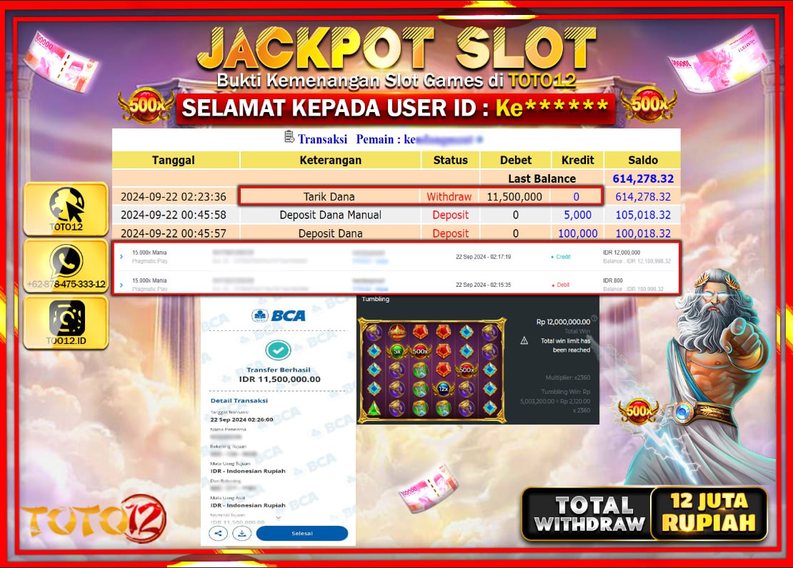 HANYA DI TOTO12 JP PASTI DI BAYAR LUNAS DAN CEPAT!!!!!! JACKPOT SLOT GAME ( 15,000X MANIA ) Rp.12.000.000 !!!!