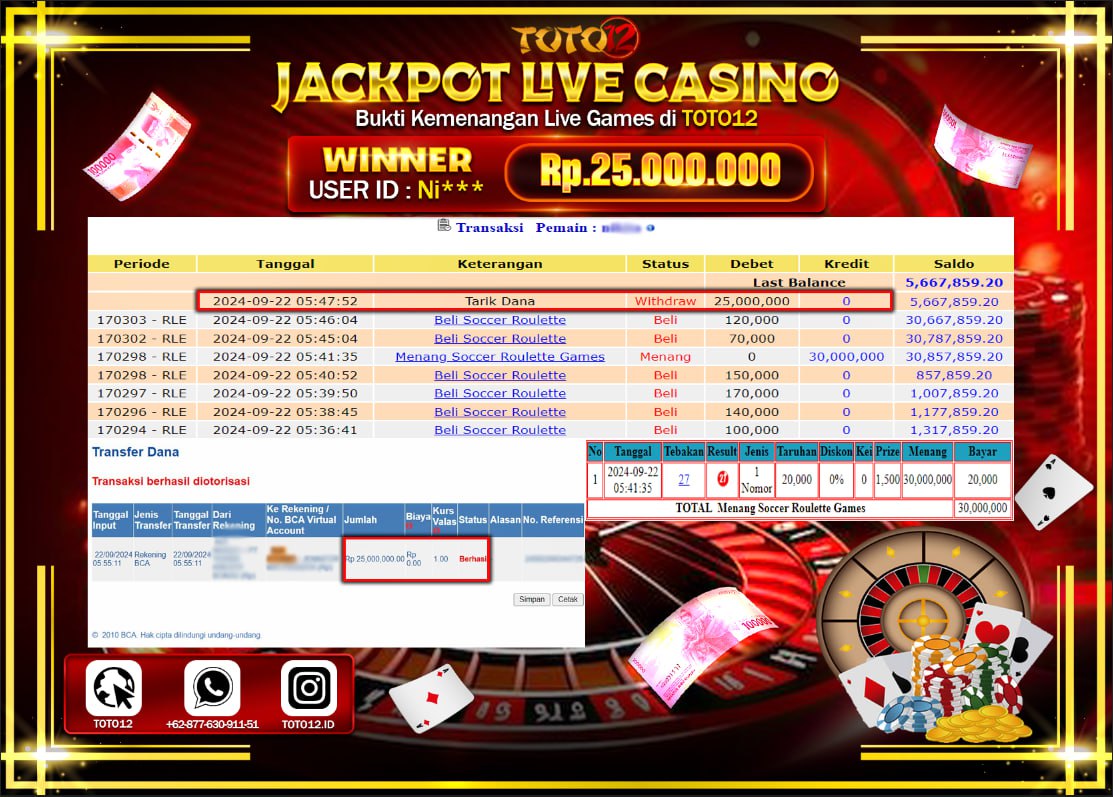 HANYA DI TOTO12 JP PASTI DI BAYAR LUNAS DAN CEPAT!!!!!! JACKPOT LIVE CASINO GAME  ( ROULETTE ) Rp.25.000.000 !!!!