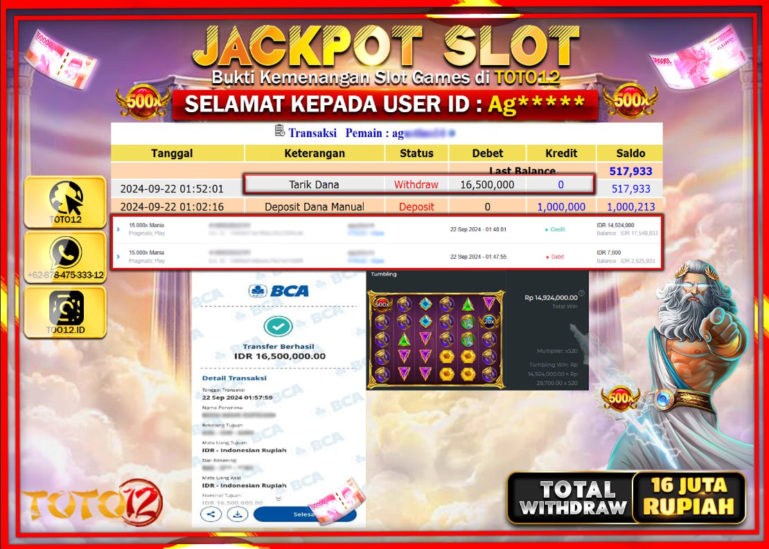 HANYA DI TOTO12 JP PASTI DI BAYAR LUNAS DAN CEPAT!!!!!! JACKPOT SLOT GAME ( GATES OF OLYMPUS  ) Rp.16.000.000 !!!!