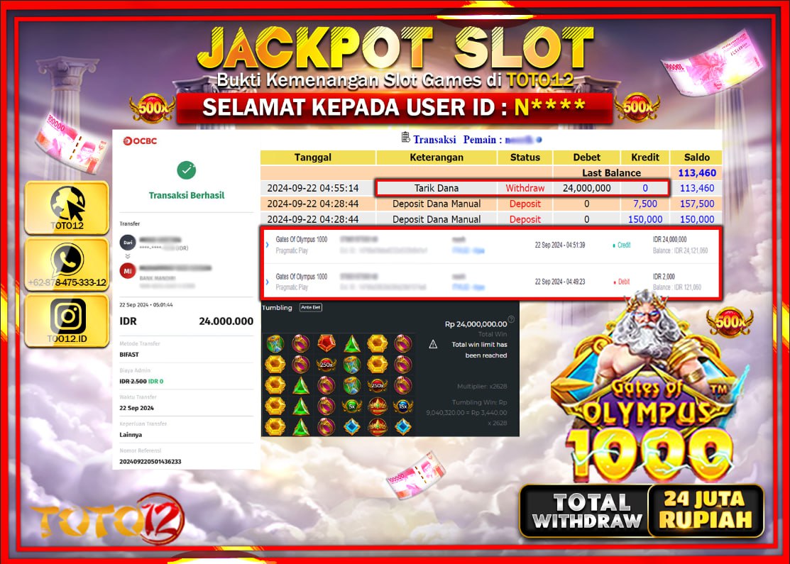 HANYA DI TOTO12 JP PASTI DI BAYAR LUNAS DAN CEPAT!!!!!! JACKPOT SLOT GAME (  GATES OF OLYMPUS 1000 ) Rp.24.000.000 !!!!
