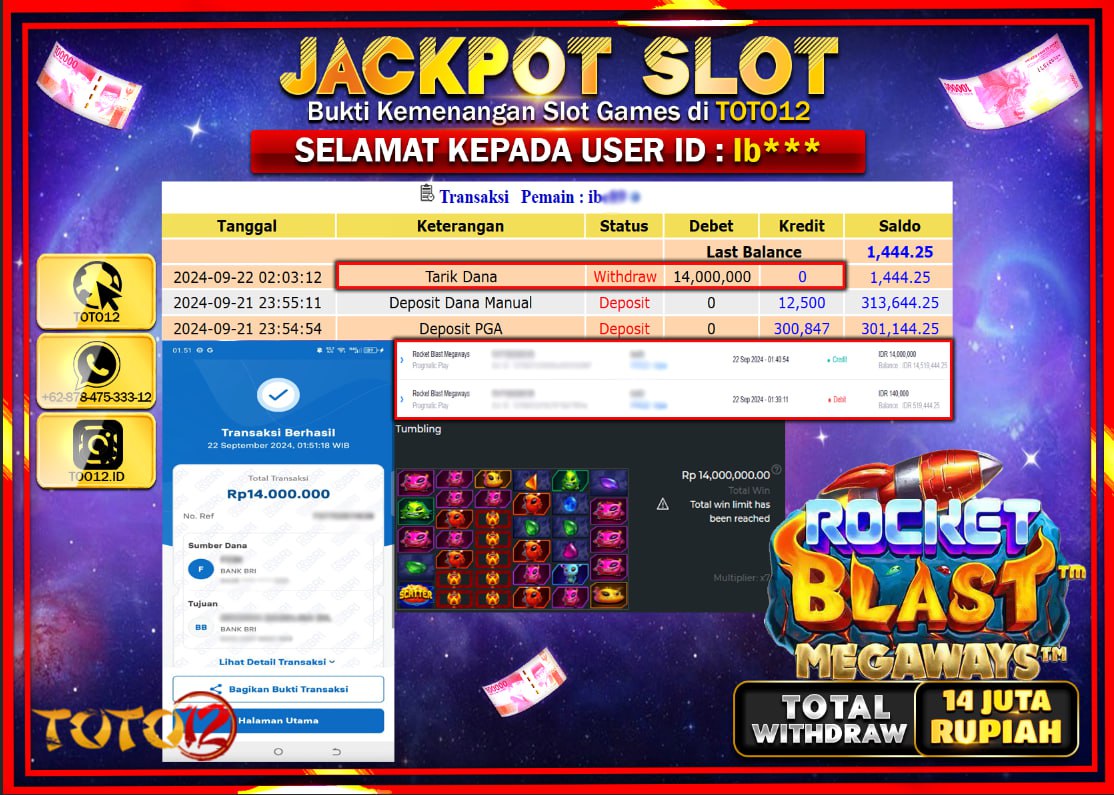 HANYA DI TOTO12 JP PASTI DI BAYAR LUNAS DAN CEPAT!!!!!! JACKPOT SLOT GAME ( ROCKET BLAST MEGAWAYS  ) Rp.14.000.000 !!!!