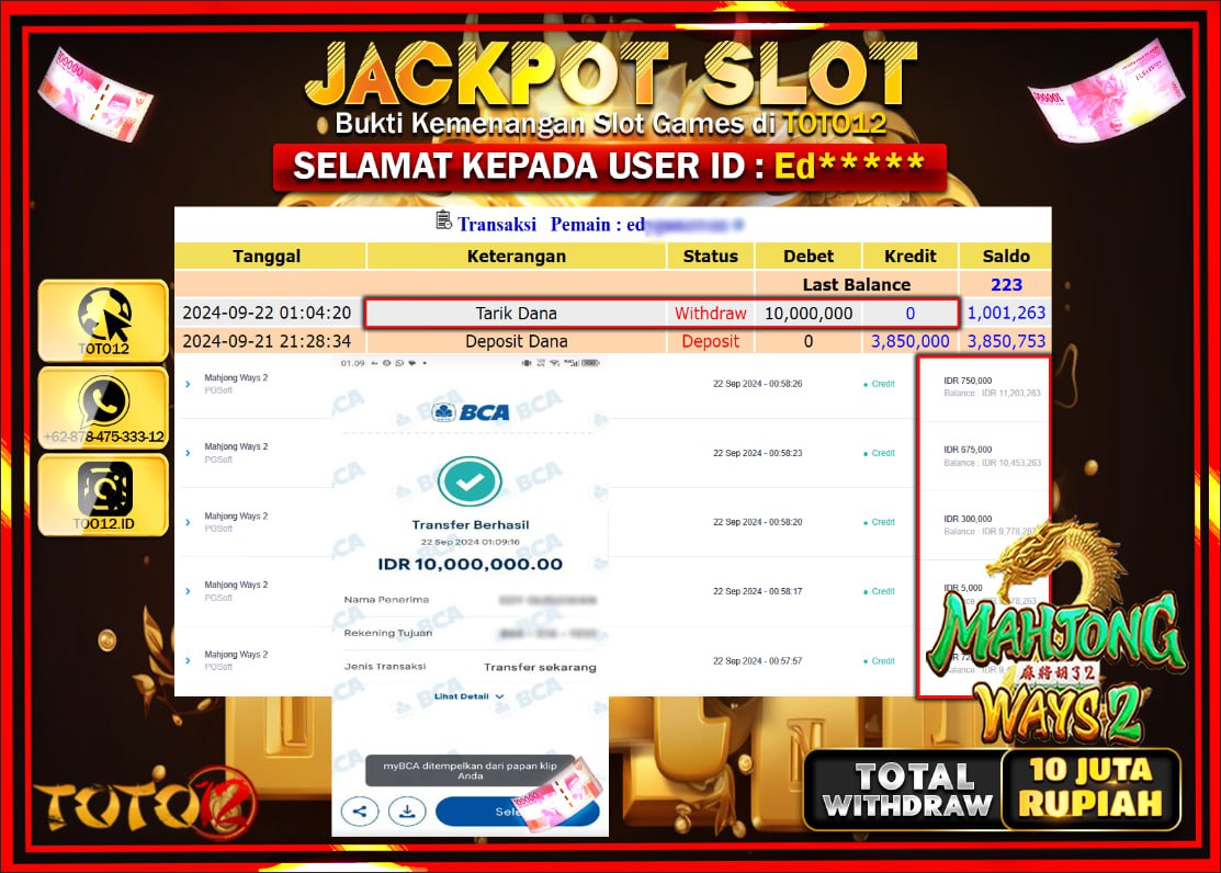 HANYA DI TOTO12 JP PASTI DI BAYAR LUNAS DAN CEPAT!!!!!! JACKPOT SLOT GAME ( MAHJONG WAYS 2  ) Rp.10.000.000 !!!!