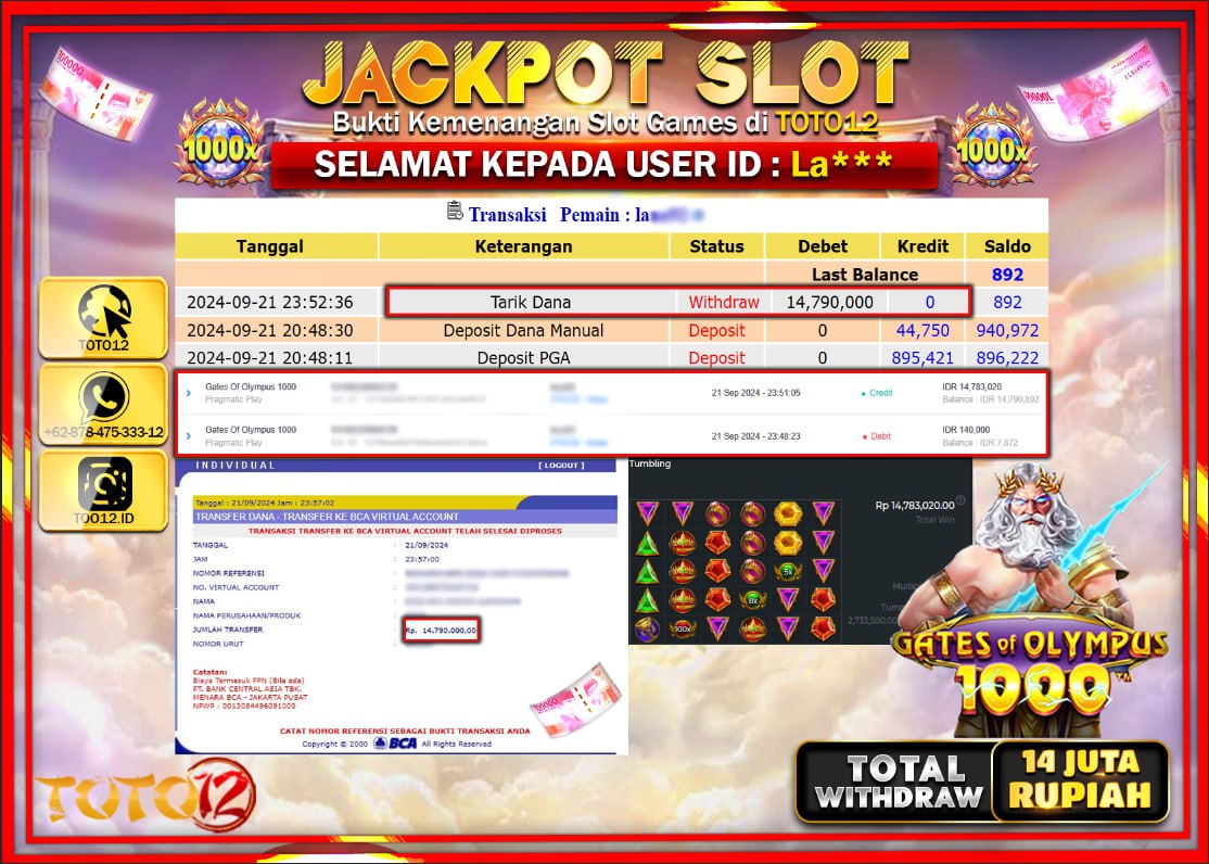 HANYA DI TOTO12 JP PASTI DI BAYAR LUNAS DAN CEPAT!!!!!! JACKPOT SLOT GAME ( GATES OF OLYMPUS 1000  ) Rp.14.000.000 !!!!