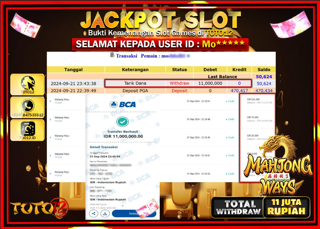 HANYA DI TOTO12 JP PASTI DI BAYAR LUNAS DAN CEPAT!!!!!! JACKPOT SLOT GAME ( MAHJONG WAYS  ) Rp.11.000.000 !!!!