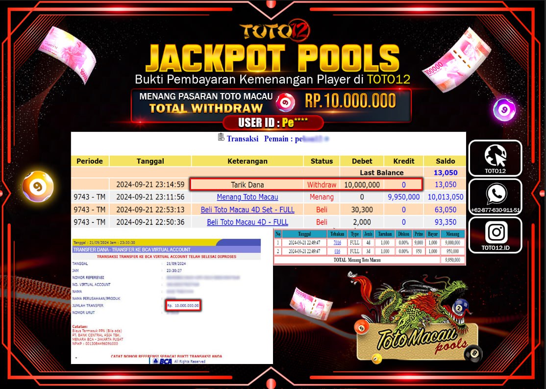 HANYA DI TOTO12 JP PASTI DI BAYAR LUNAS DAN CEPAT!!!!!! JACKPOT POOLS MENANG PASARAN ( TOTOMACAU4D ) Rp.10.000.000 !!!!