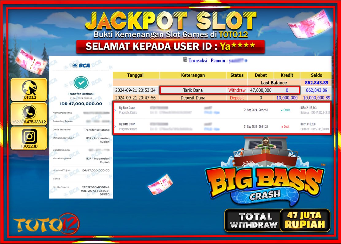 HANYA DI TOTO12 JP PASTI DI BAYAR LUNAS DAN CEPAT!!!!!! JACKPOT SLOT GAME ( BIG BASS CRASH  ) Rp.47.000.000 !!!!