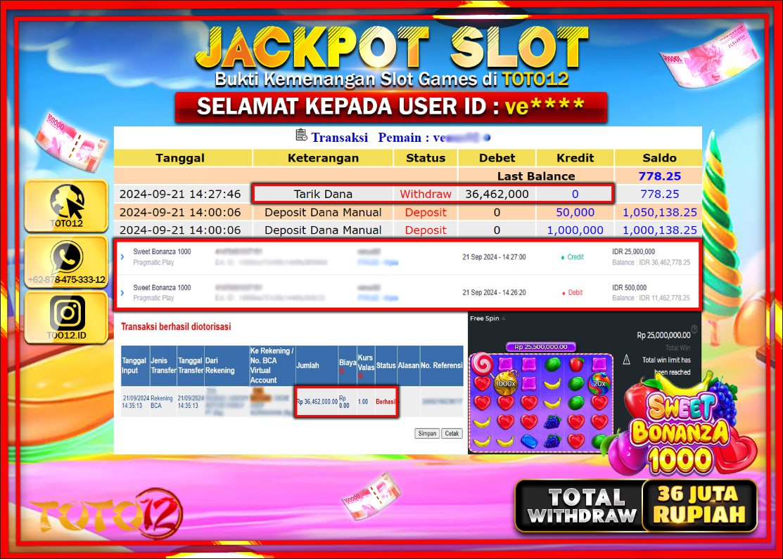 HANYA DI TOTO12 JP PASTI DI BAYAR LUNAS DAN CEPAT!!!!!! JACKPOT SLOT GAME ( SWEET BONANZA 1000  ) Rp.36.000.000 !!!!