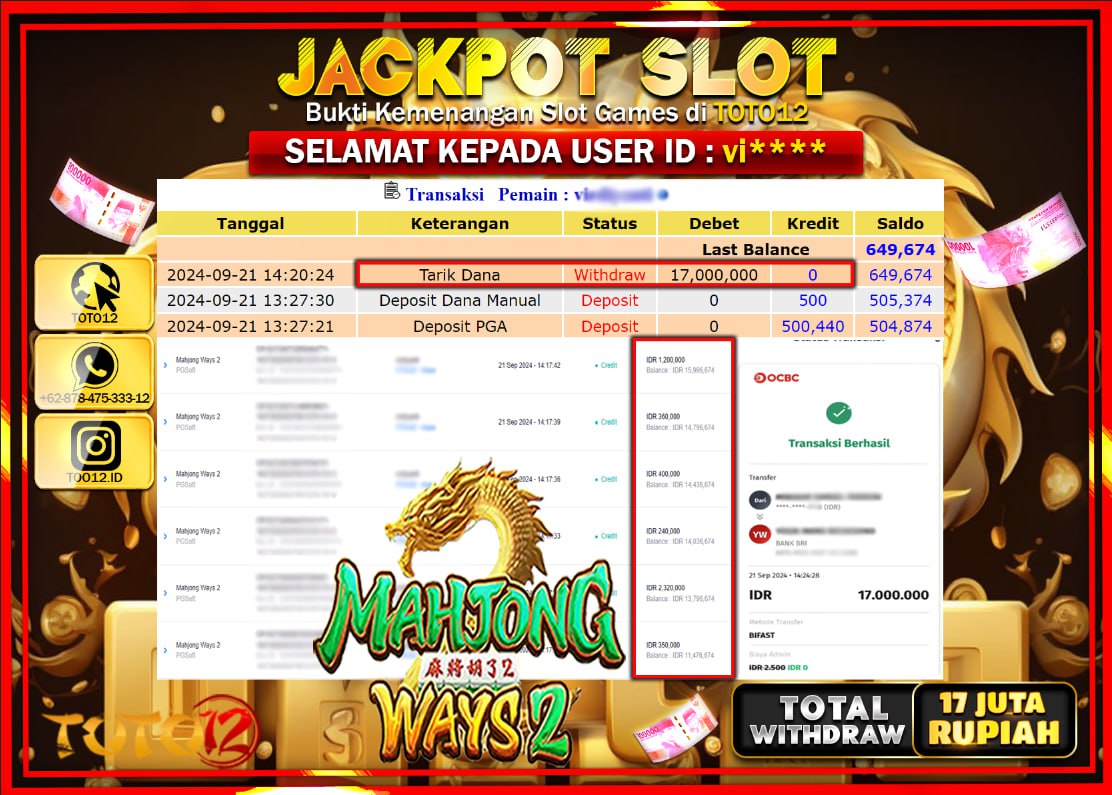 HANYA DI TOTO12 JP PASTI DI BAYAR LUNAS DAN CEPAT!!!!!! JACKPOT SLOT GAME ( MAHJONG WAYS 2 ) Rp.17.000.000 !!!!
