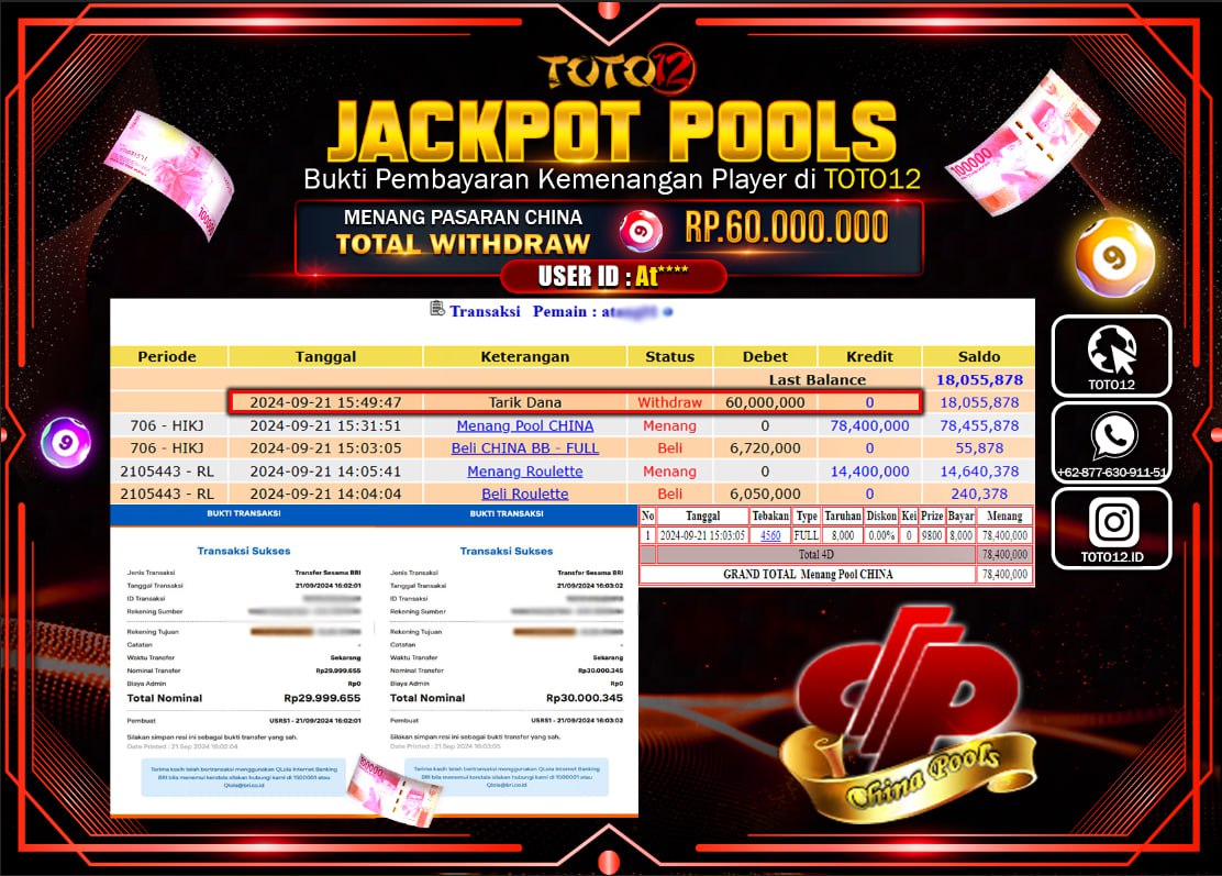 HANYA DI TOTO12 JP PASTI DI BAYAR LUNAS DAN CEPAT!!!!!! JACKPOT POOLS MENANG PASARAN ( CHINA ) Rp.60.000.000 !!!!