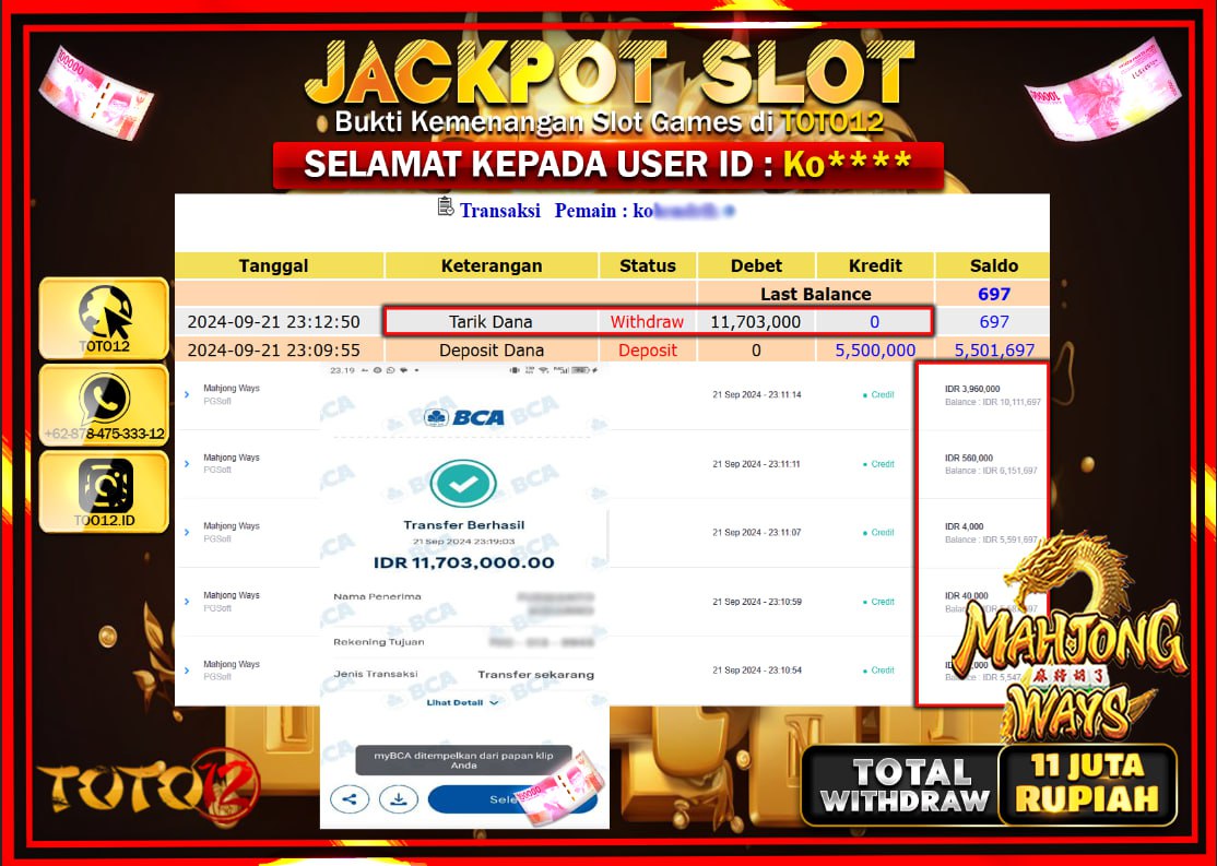 HANYA DI TOTO12 JP PASTI DI BAYAR LUNAS DAN CEPAT!!!!!! JACKPOT SLOT GAME ( MAHJONG WAYS   ) Rp.11.000.000 !!!!
