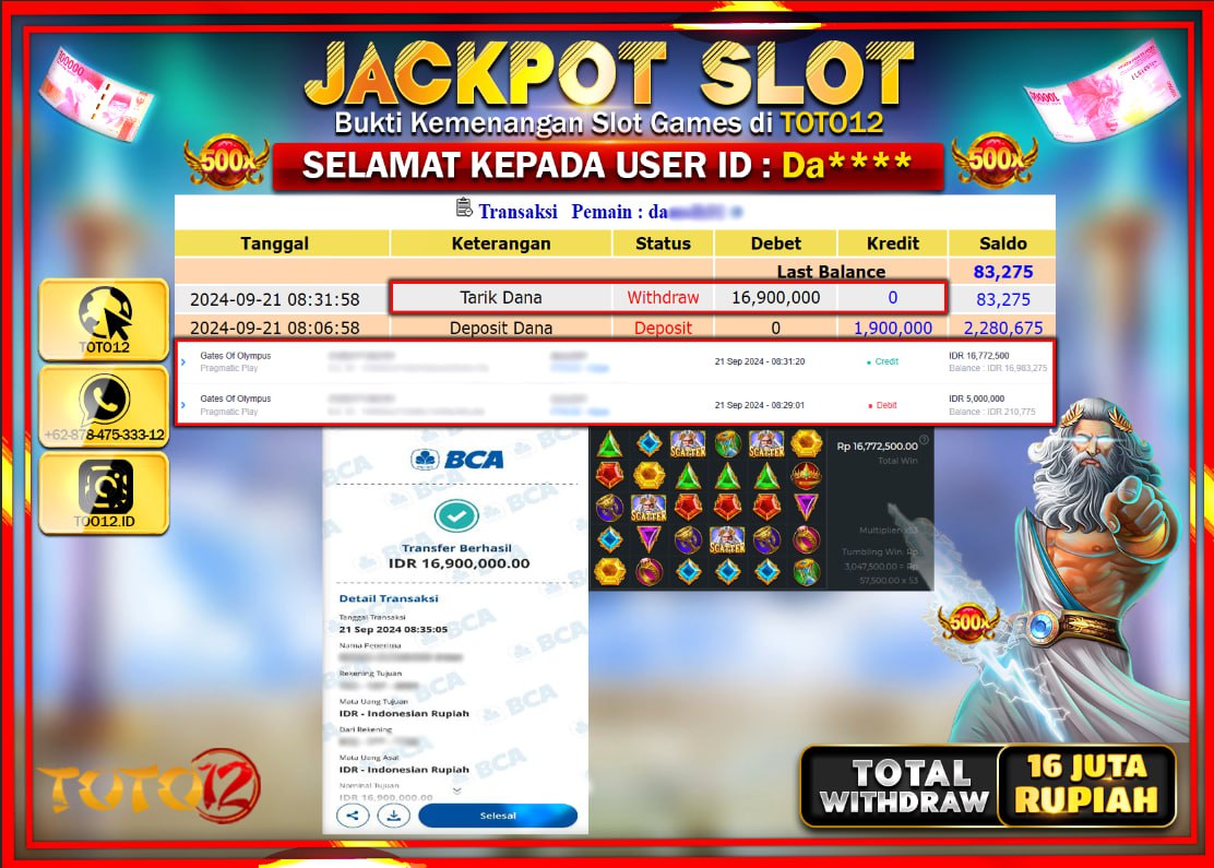 HANYA DI TOTO12 JP PASTI DI BAYAR LUNAS DAN CEPAT!!!!!! JACKPOT SLOT GAME ( GATES OF OLYMPUS  ) Rp.16.000.000 !!!!