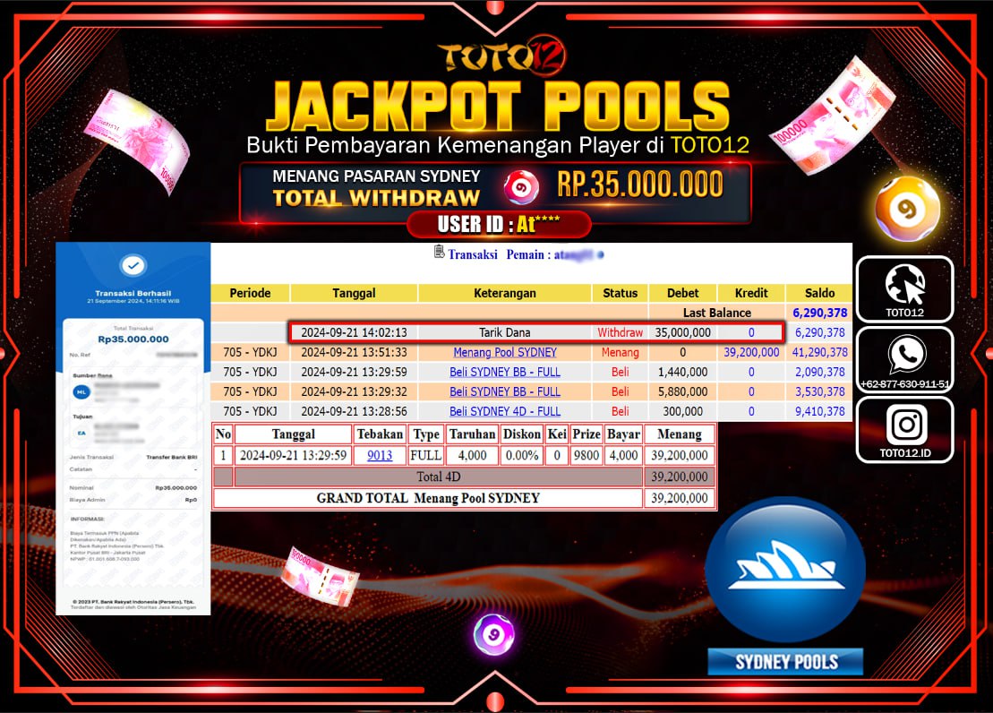 HANYA DI TOTO12 JP PASTI DI BAYAR LUNAS DAN CEPAT!!!!!! JACKPOT POOLS MENANG PASARAN ( SYDNEY ) Rp.35.000.000 !!!!