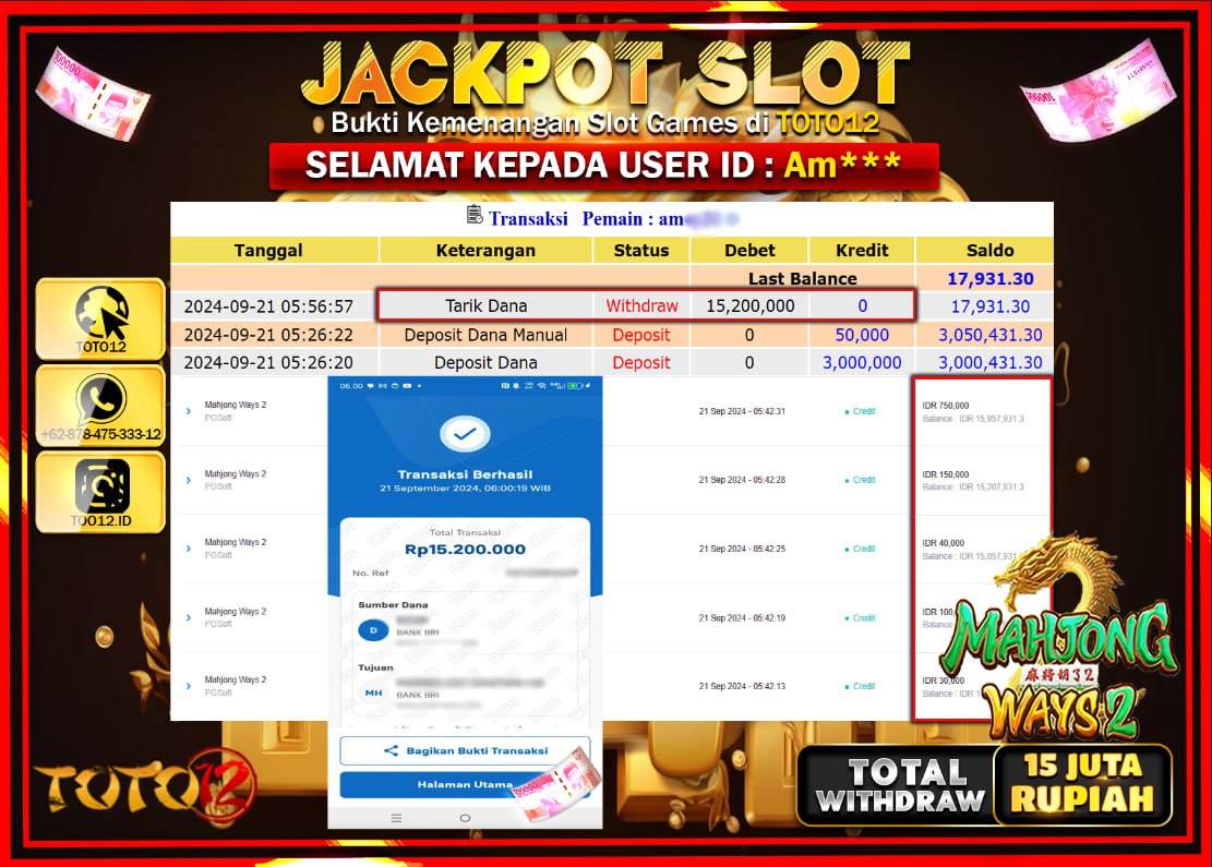 HANYA DI TOTO12 JP PASTI DI BAYAR LUNAS DAN CEPAT!!!!!! JACKPOT SLOT GAME ( MAHJONG WAYS 2 ) Rp.15.000.000 !!!!