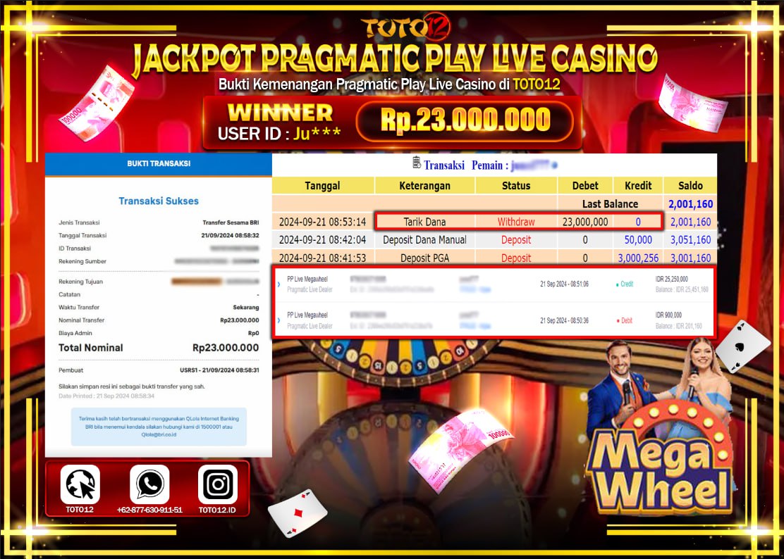 HANYA DI TOTO12 JP PASTI DI BAYAR LUNAS DAN CEPAT!!!!!! JACKPOT PRAGMATIC PLAY LIVE CASINO GAME  ( MEGA WHEEL ) Rp.23.000.000 !!!!