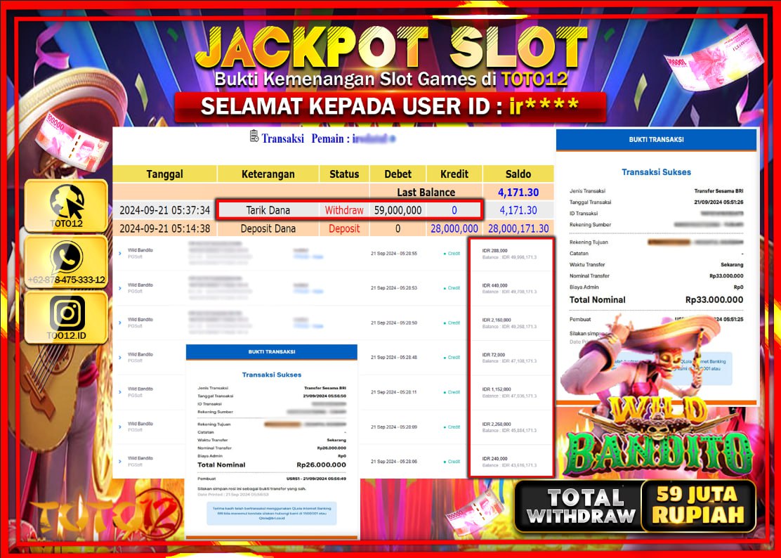 HANYA DI TOTO12 JP PASTI DI BAYAR LUNAS DAN CEPAT!!!!!! JACKPOT SLOT GAME ( WILD BANDITO ) Rp.59.000.000 !!!!
