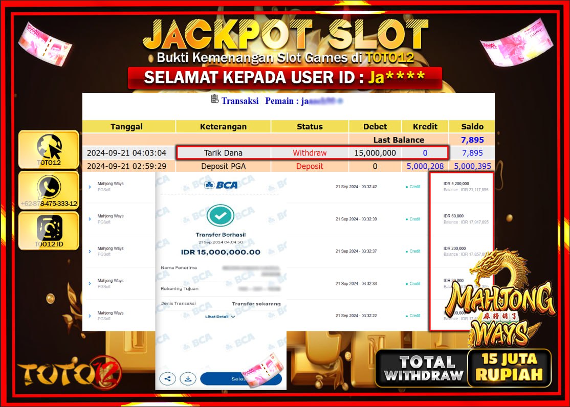 HANYA DI TOTO12 JP PASTI DI BAYAR LUNAS DAN CEPAT!!!!!! JACKPOT SLOT GAME (  MAHJONG WAYS ) Rp.15.000.000 !!!!