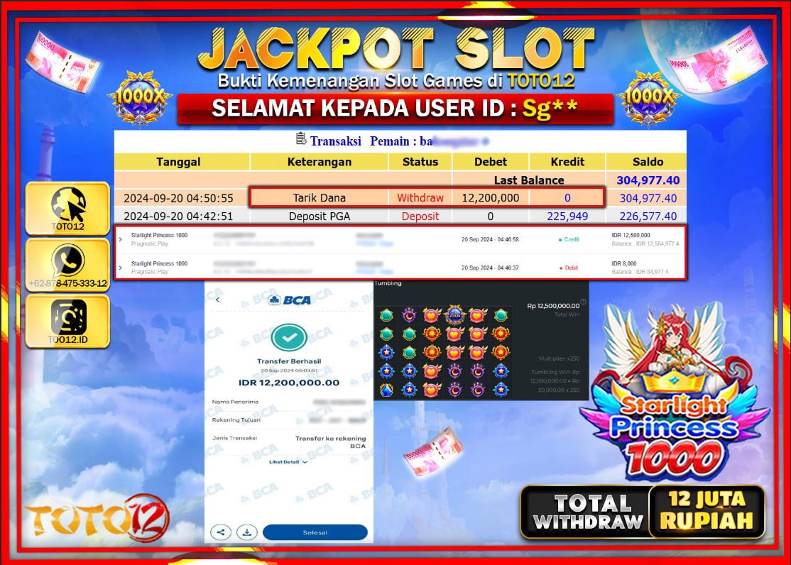 HANYA DI TOTO12 JP PASTI DI BAYAR LUNAS DAN CEPAT!!!!!! JACKPOT SLOT GAME (  STARLIGHT PRINCESS 1000 ) Rp.12.000.000 !!!!