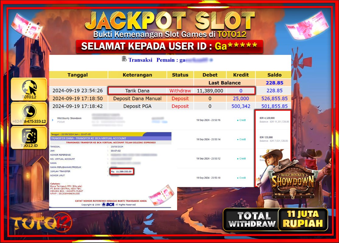 HANYA DI TOTO12 JP PASTI DI BAYAR LUNAS DAN CEPAT!!!!!! JACKPOT SLOT GAME (  WILD BOUNTY SHOWDOWN ) Rp.11.000.000 !!!!