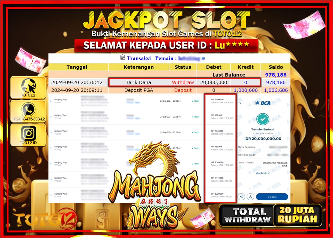 HANYA DI TOTO12 JP PASTI DI BAYAR LUNAS DAN CEPAT!!!!!! JACKPOT SLOT GAME (  MAHJONG WAYS ) Rp.20.000.000 !!!!