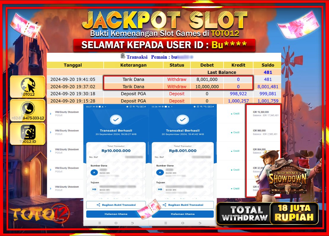 HANYA DI TOTO12 JP PASTI DI BAYAR LUNAS DAN CEPAT!!!!!! JACKPOT SLOT GAME (  WILD BOUNTY SHOWDOWN ) Rp.18.000.000 !!!!