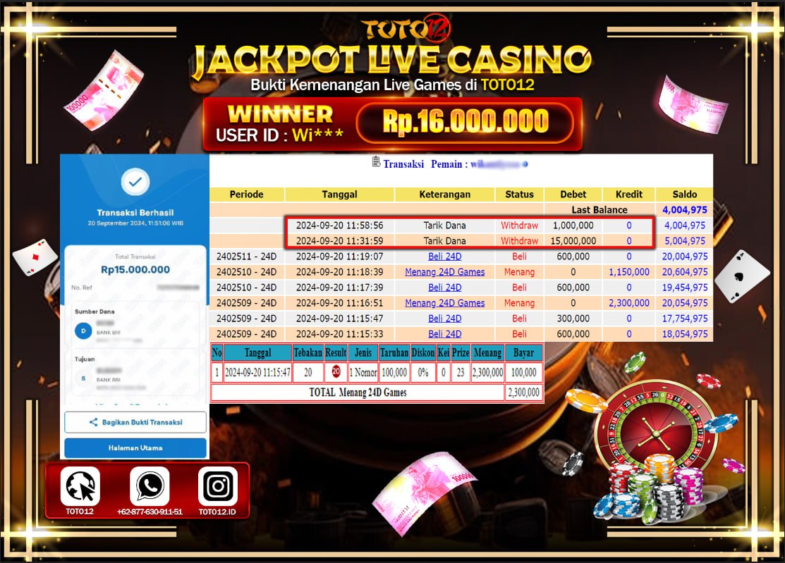 HANYA DI TOTO12 JP PASTI DI BAYAR LUNAS DAN CEPAT!!!!!! JACKPOT LIVE CASINO GAME  ( 24D GAMES ) Rp.16.000.000 !!!!