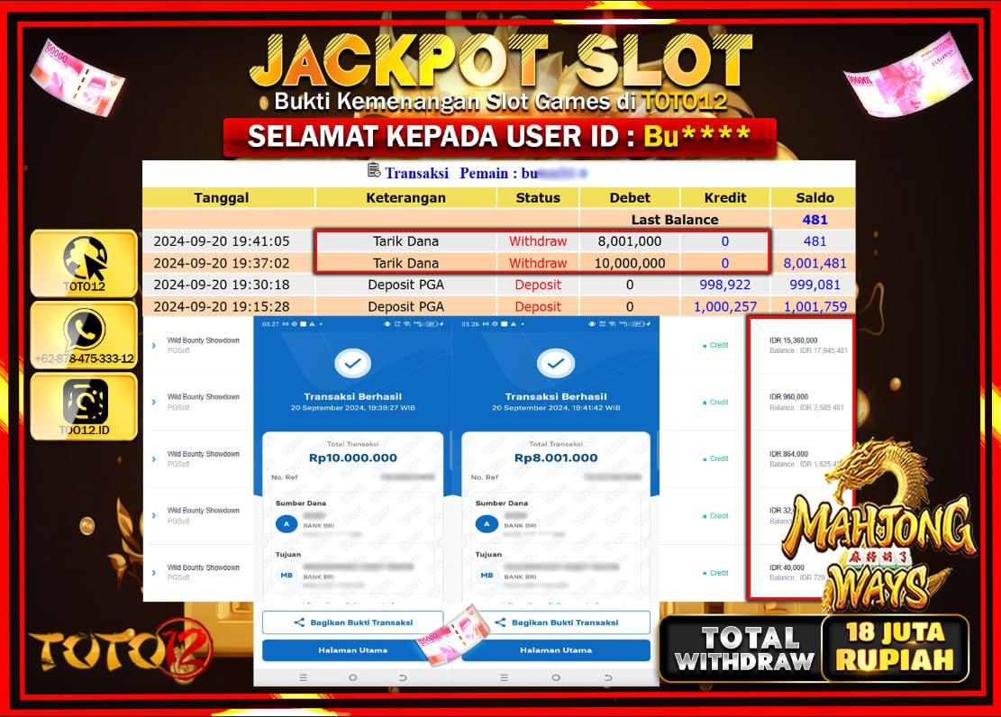 HANYA DI TOTO12 JP PASTI DI BAYAR LUNAS DAN CEPAT!!!!!! JACKPOT SLOT GAME (  MAHJONG WINS ) Rp.18.000.000 !!!!