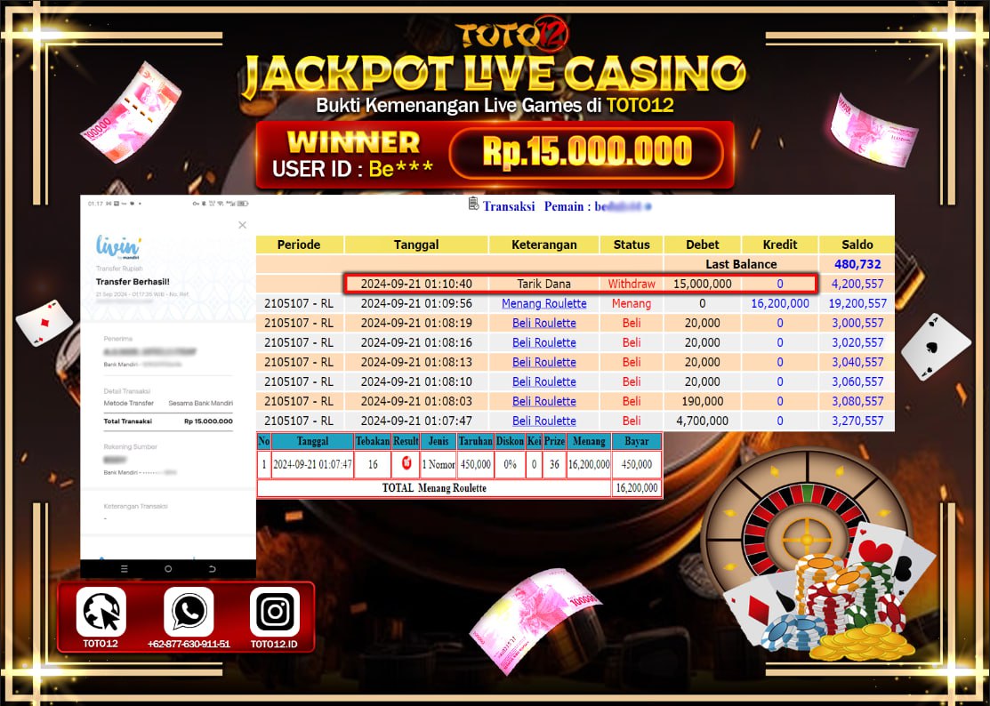 HANYA DI TOTO12 JP PASTI DI BAYAR LUNAS DAN CEPAT!!!!!! JACKPOT LIVE CASINO GAME  ( ROULETTE ) Rp.15.000.000 !!!!