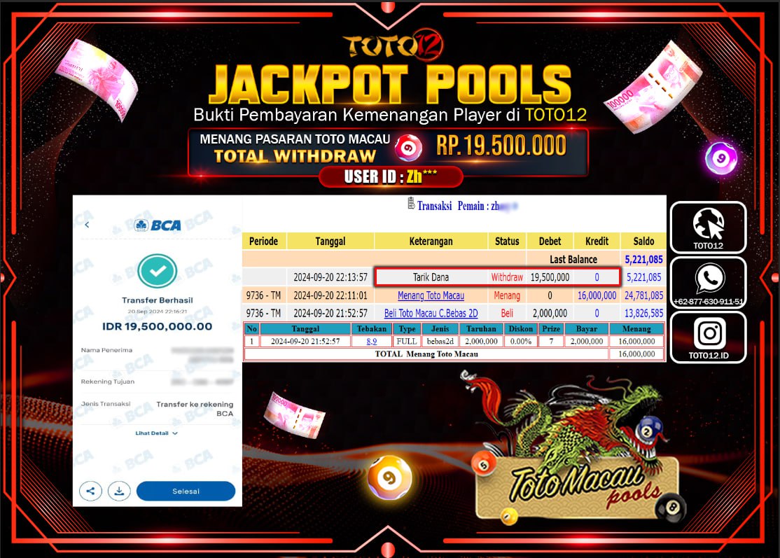 HANYA DI TOTO12 JP PASTI DI BAYAR LUNAS DAN CEPAT!!!!!! JACKPOT POOLS MENANG PASARAN ( TOTOMACAU4D ) Rp.19.500.000 !!!!