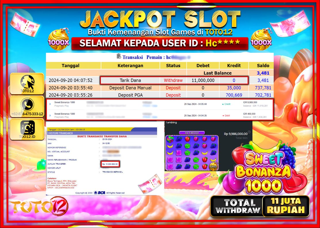 HANYA DI TOTO12 JP PASTI DI BAYAR LUNAS DAN CEPAT!!!!!! JACKPOT SLOT GAME ( SWEET BONANZA 1000  ) Rp.11.000.000 !!!!