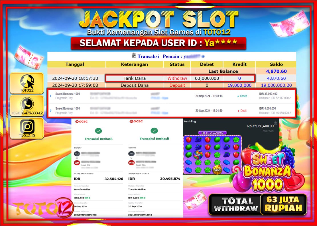 HANYA DI TOTO12 JP PASTI DI BAYAR LUNAS DAN CEPAT!!!!!! JACKPOT SLOT GAME ( SWEET BONANZA 1000  ) Rp.63.000.000 !!!!
