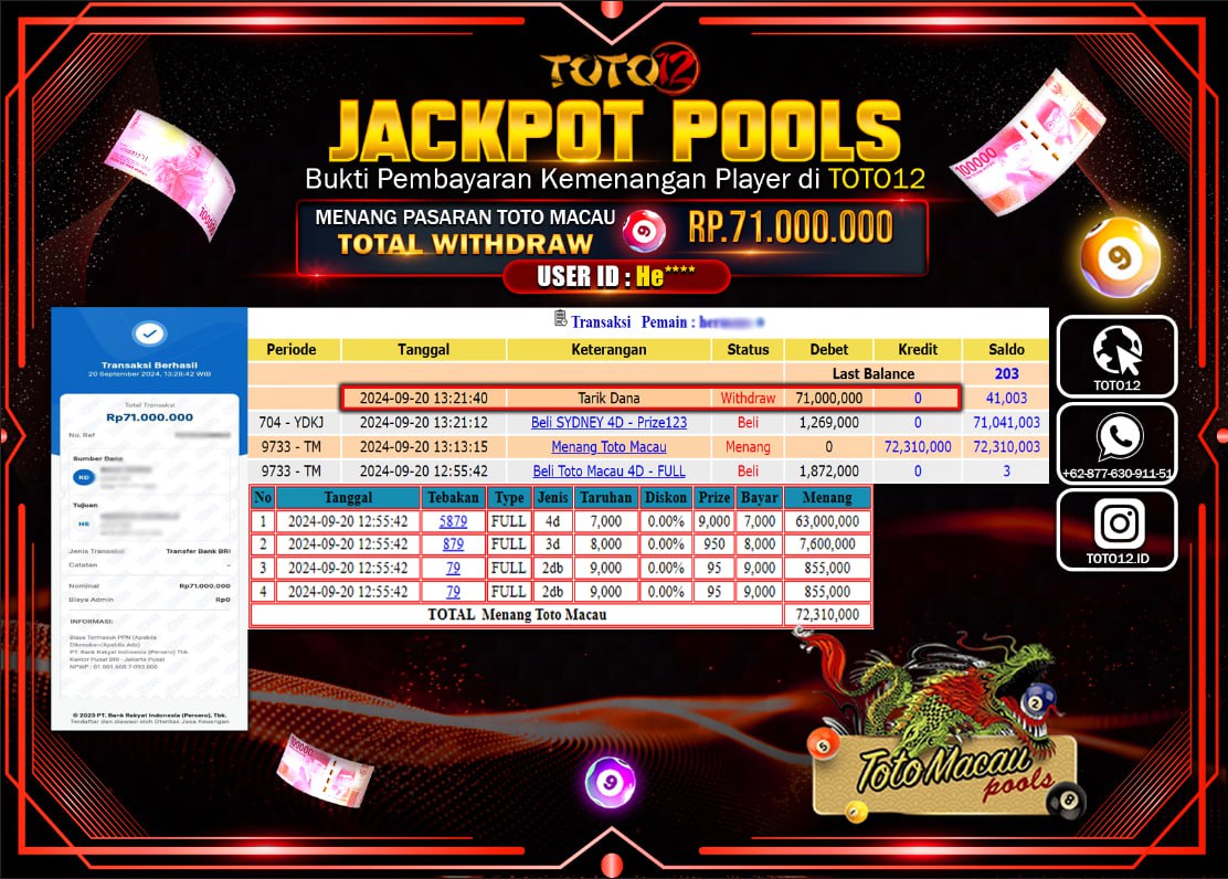 HANYA DI TOTO12 JP PASTI DI BAYAR LUNAS DAN CEPAT!!!!!! JACKPOT POOLS MENANG PASARAN ( TOTOAMCAU4D ) Rp.71.000.000 !!!!