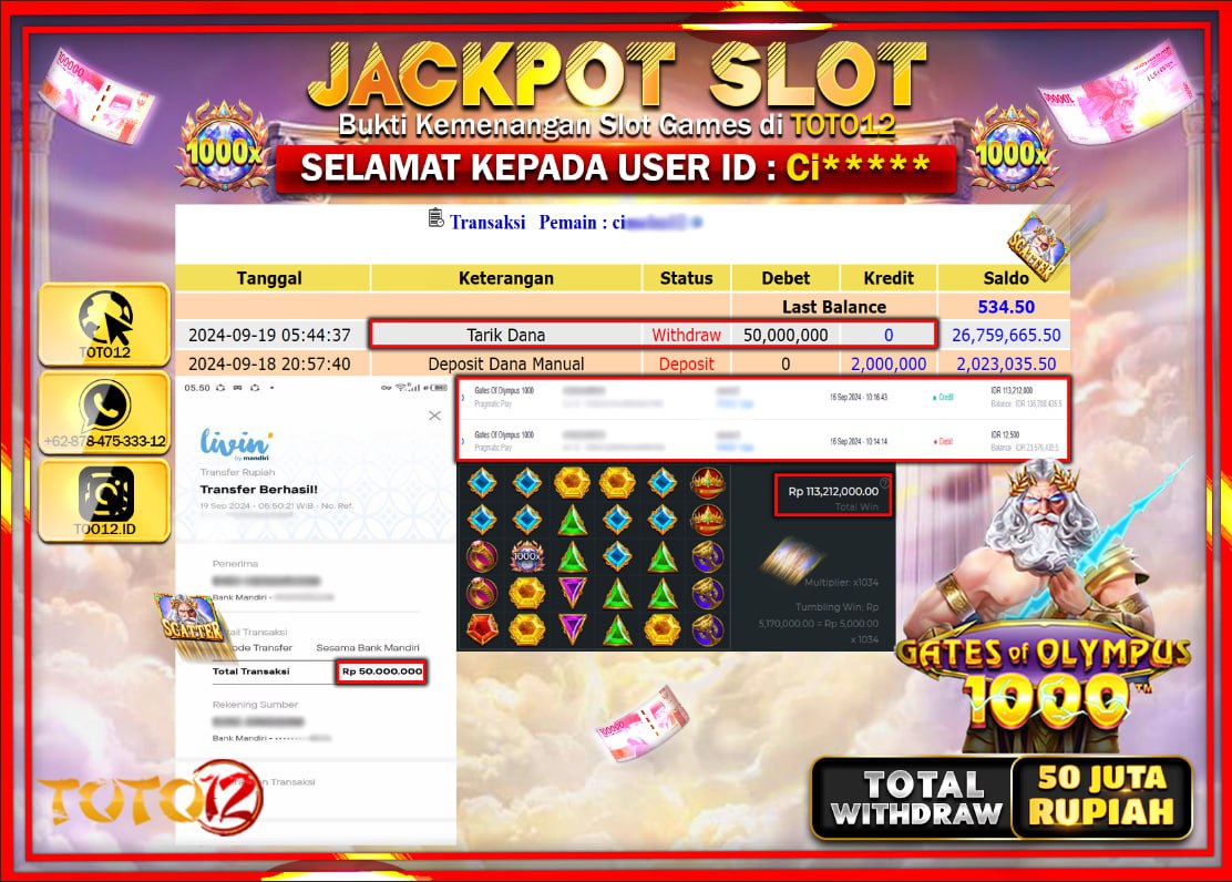 HANYA DI TOTO12 JP PASTI DI BAYAR LUNAS DAN CEPAT!!!!!! JACKPOT SLOT GAME ( GATES OF OLYMPUS 1000 ) Rp.50.000.000 !!!!