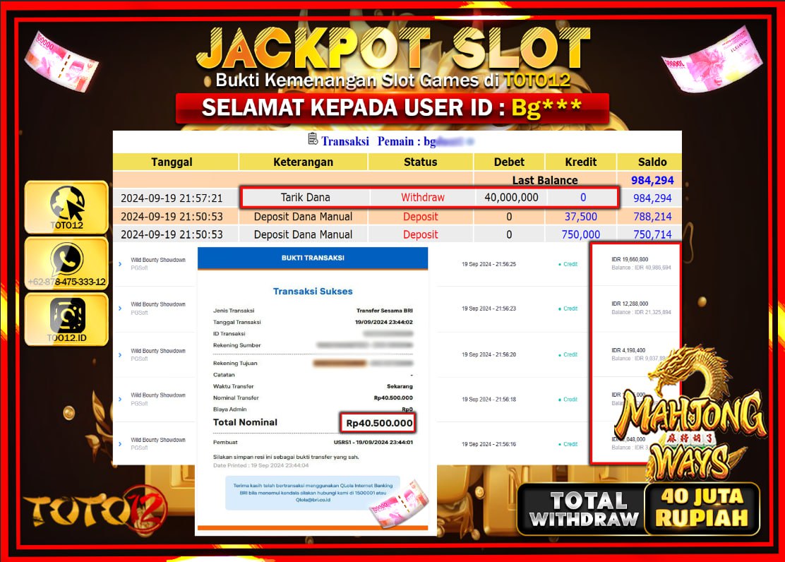 HANYA DI TOTO12 JP PASTI DI BAYAR LUNAS DAN CEPAT!!!!!! JACKPOT SLOT GAME ( MAHJONG WAYS ) Rp.40.000.000 !!!!