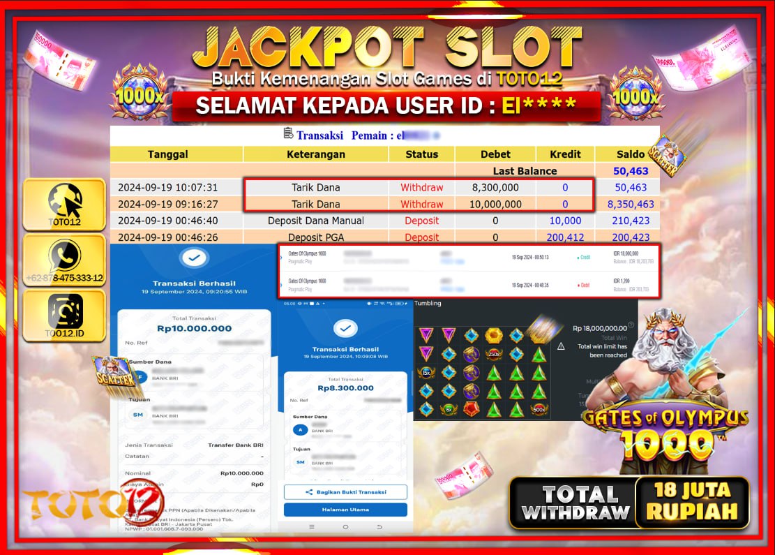 HANYA DI TOTO12 JP PASTI DI BAYAR LUNAS DAN CEPAT!!!!!! JACKPOT SLOT GAME ( GATES OF OLYMPUS 1000 ) Rp.18.000.000 !!!!