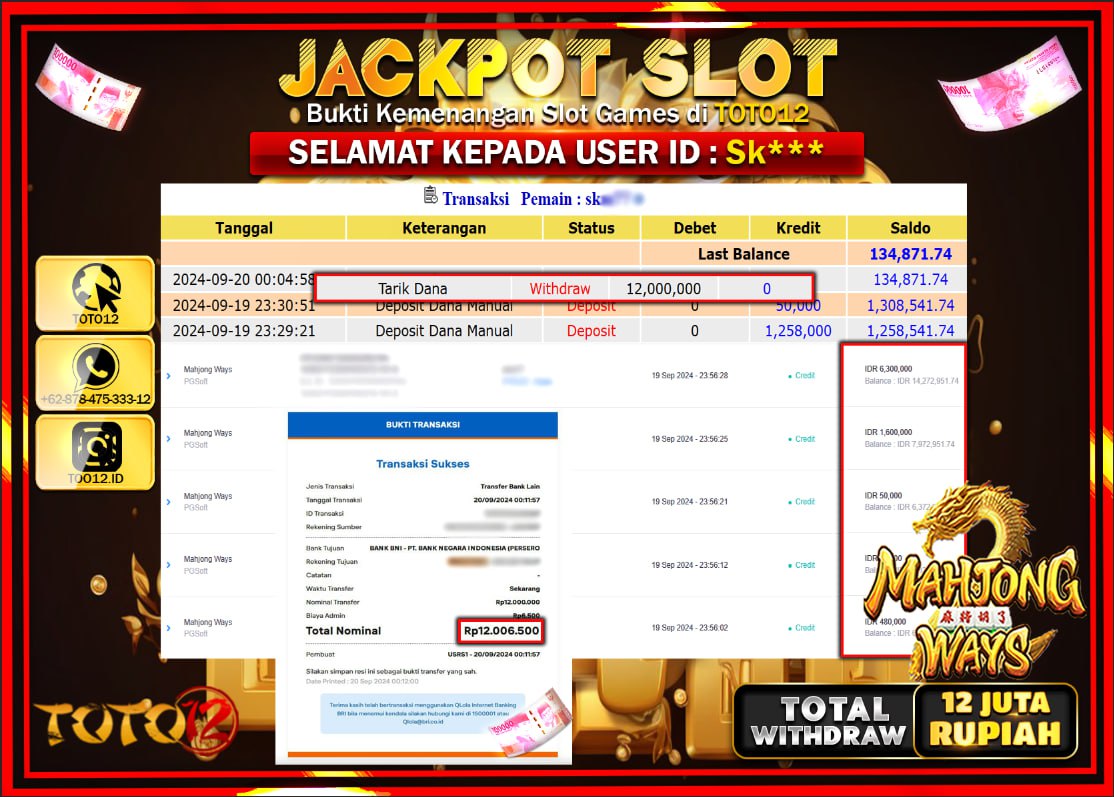 HANYA DI TOTO12 JP PASTI DI BAYAR LUNAS DAN CEPAT!!!!!! JACKPOT SLOT GAME ( MAHJONG WAYS ) Rp.12.000.000 !!!!