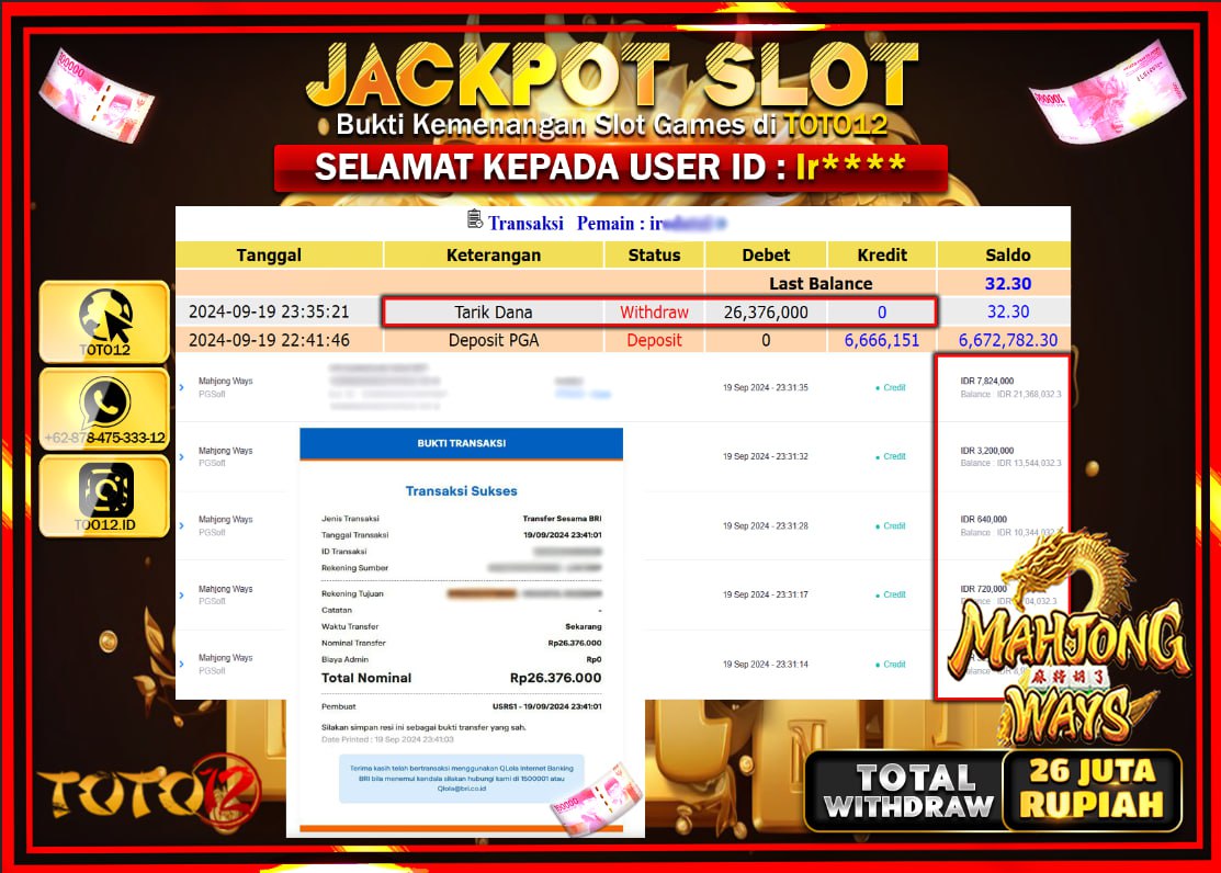HANYA DI TOTO12 JP PASTI DI BAYAR LUNAS DAN CEPAT!!!!!! JACKPOT SLOT GAME ( MAHJONG WAYS ) Rp.26.000.000 !!!!