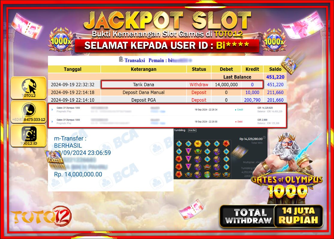 HANYA DI TOTO12 JP PASTI DI BAYAR LUNAS DAN CEPAT!!!!!! JACKPOT SLOT GAME ( GATES OF OLYMPUS 1000 ) Rp.14.000.000 !!!!