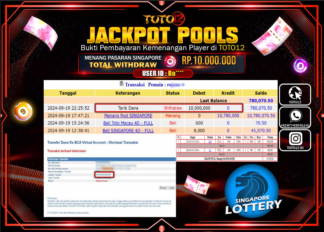 HANYA DI TOTO12 JP PASTI DI BAYAR LUNAS DAN CEPAT!!!!!! JACKPOT POOLS MENANG PASARAN ( SINGAPORE ) Rp.10.000.000 !!!!