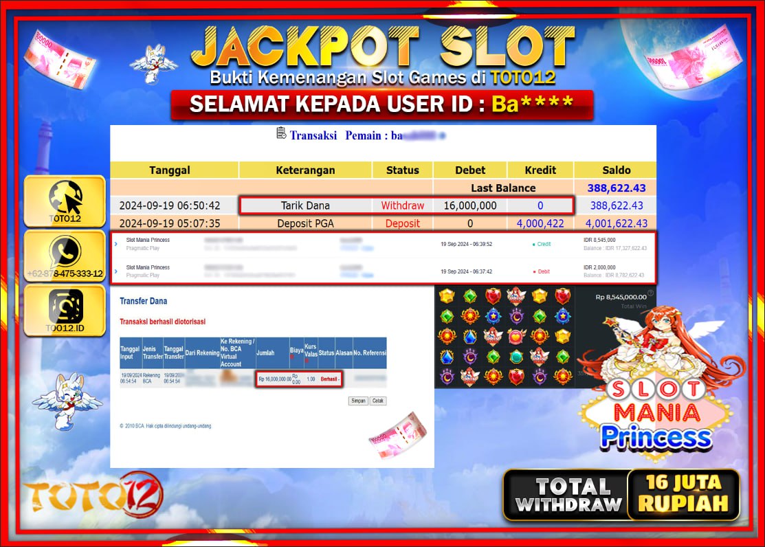 HANYA DI TOTO12 JP PASTI DI BAYAR LUNAS DAN CEPAT!!!!!! JACKPOT SLOT GAME ( SLOT MANIA PRINCESS  ) Rp.16.000.000 !!!!