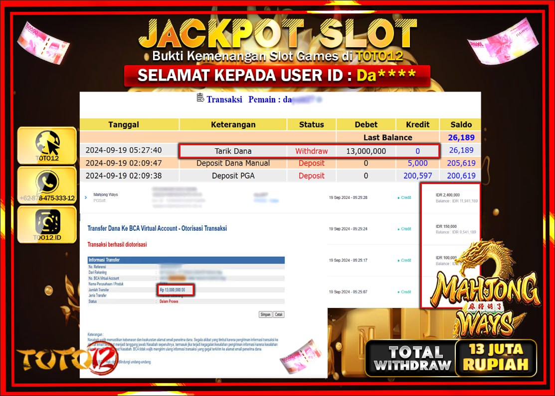 HANYA DI TOTO12 JP PASTI DI BAYAR LUNAS DAN CEPAT!!!!!! JACKPOT SLOT GAME ( MAHJONG WAYS  ) Rp.13.000.000 !!!!