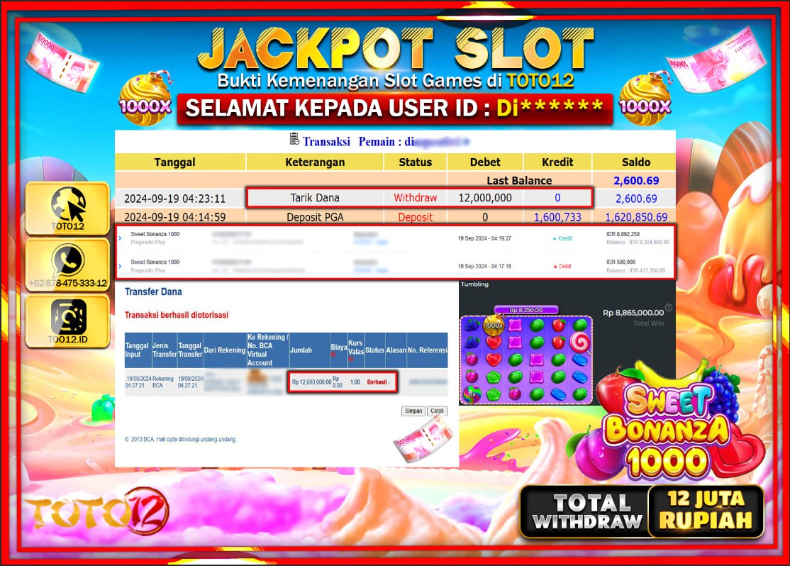 HANYA DI TOTO12 JP PASTI DI BAYAR LUNAS DAN CEPAT!!!!!! JACKPOT SLOT GAME ( SWEET BONANZA 1000  ) Rp.12.000.000 !!!!