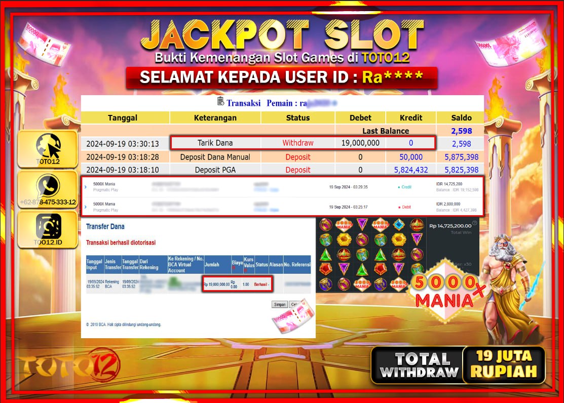 HANYA DI TOTO12 JP PASTI DI BAYAR LUNAS DAN CEPAT!!!!!! JACKPOT SLOT GAME ( SLOT MANIA  ) Rp.19.000.000 !!!!
