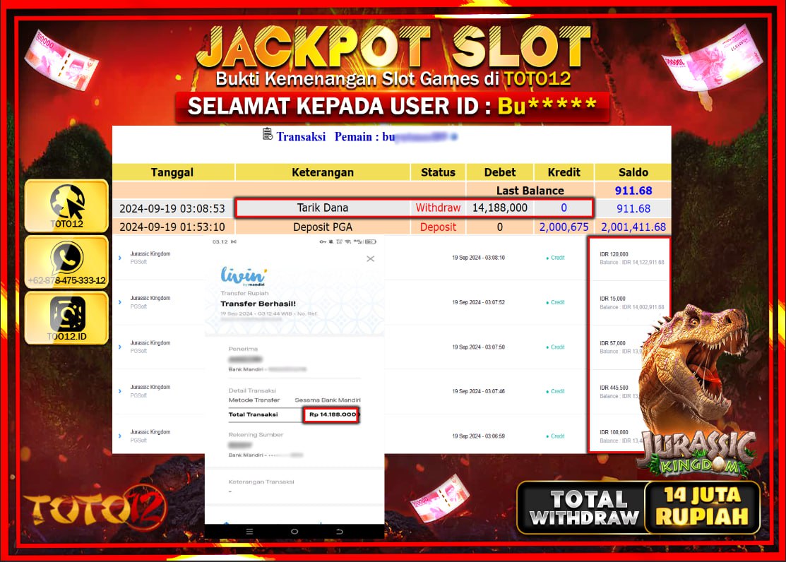 HANYA DI TOTO12 JP PASTI DI BAYAR LUNAS DAN CEPAT!!!!!! JACKPOT SLOT GAME ( JURASSIC KINGDOM ) Rp.14.000.000 !!!!