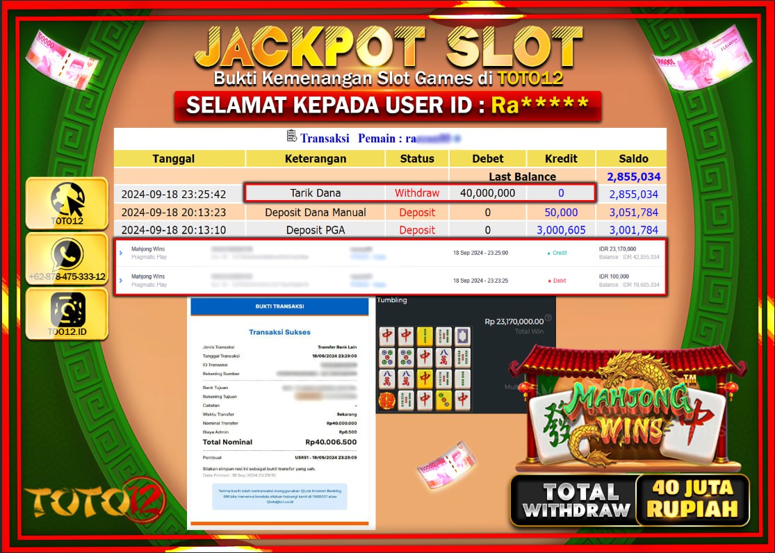 HANYA DI TOTO12 JP PASTI DI BAYAR LUNAS DAN CEPAT!!!!!! JACKPOT SLOT GAME (  MAHJONG WINS ) Rp.40.000.000 !!!!