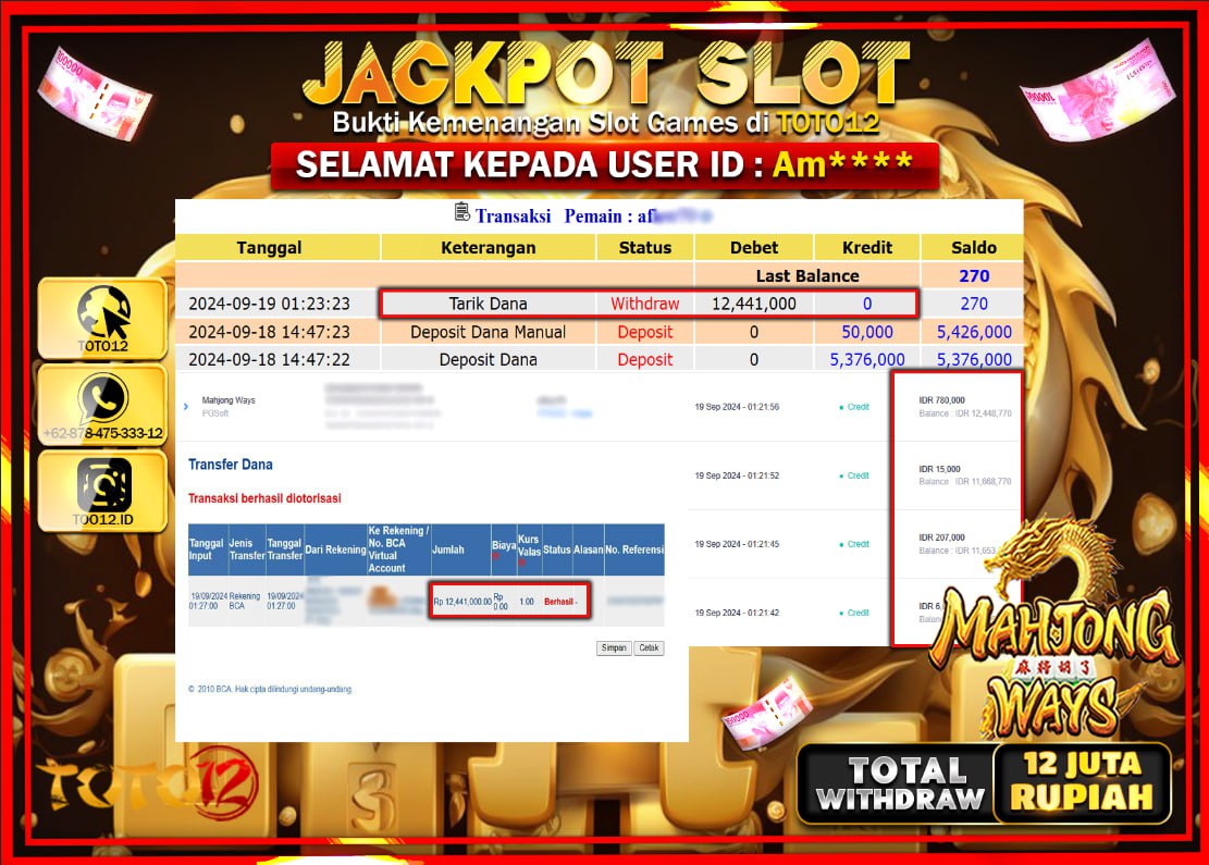 HANYA DI TOTO12 JP PASTI DI BAYAR LUNAS DAN CEPAT!!!!!! JACKPOT SLOT GAME (  MAHJONG WAYS ) Rp.12.000.000 !!!!
