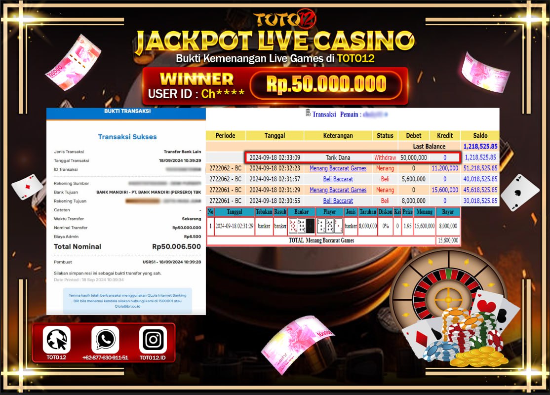 HANYA DI TOTO12 JP PASTI DI BAYAR LUNAS DAN CEPAT!!!!!! JACKPOT LIVE CASINO GAME  ( BACCARAT GAMES ) Rp.50.000.000 !!!!