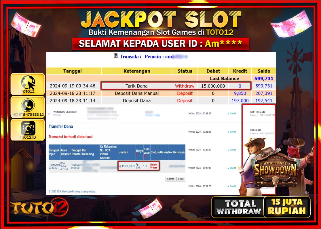 HANYA DI TOTO12 JP PASTI DI BAYAR LUNAS DAN CEPAT!!!!!! JACKPOT SLOT GAME ( WILD BOUNTY SHOWDOWN ) Rp.15.000.000 !!!!