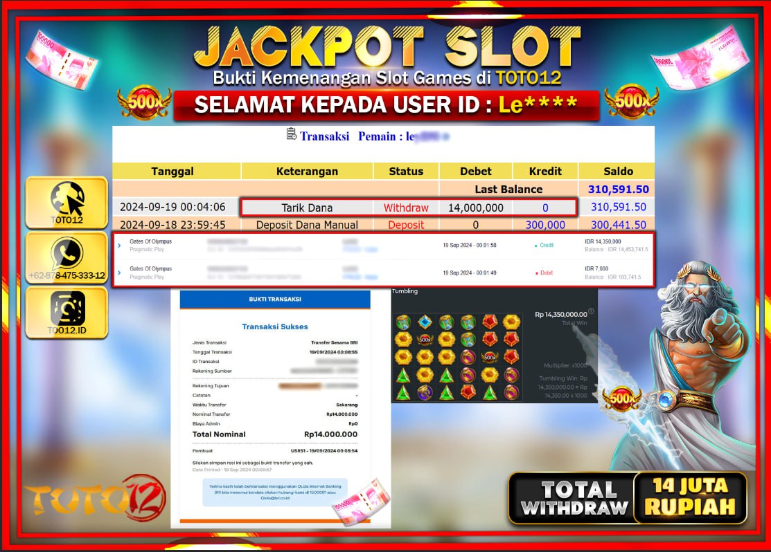 HANYA DI TOTO12 JP PASTI DI BAYAR LUNAS DAN CEPAT!!!!!! JACKPOT SLOT GAME ( GATES OF OLYMPUS  ) Rp.14.000.000 !!!!
